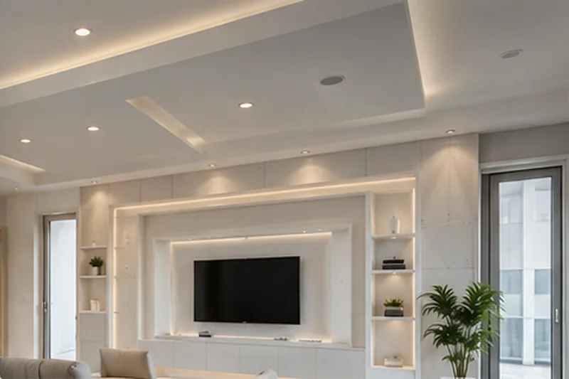 Parete TV in cartongesso con nicchie illuminate